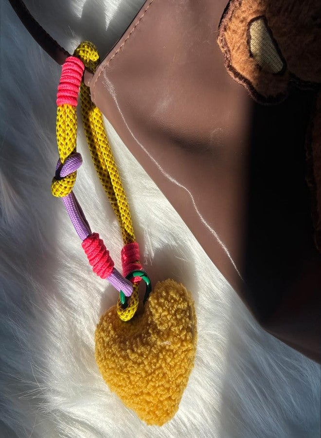 Dhdfisd Plush Heart Keychain Y2k Cute Aesthetic Pom Pom Keychain Braided Rope Keychain Bag Charms Car Wrist Strap Lanyard (yellow heart) - Image 5